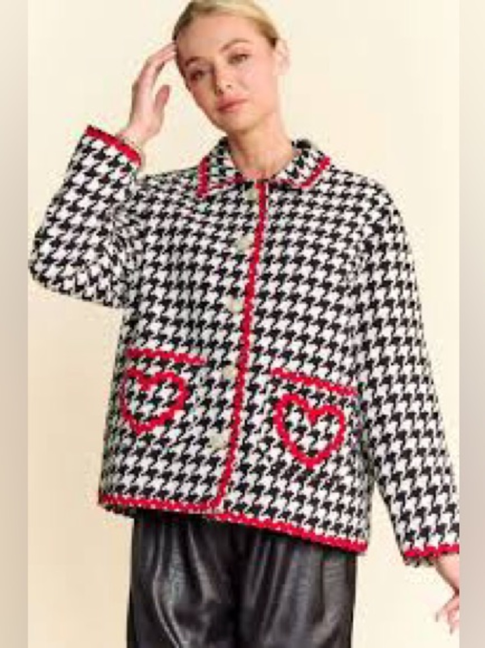 DAVI & DANI M Black & White Houndstooth Jacket with Red Trim